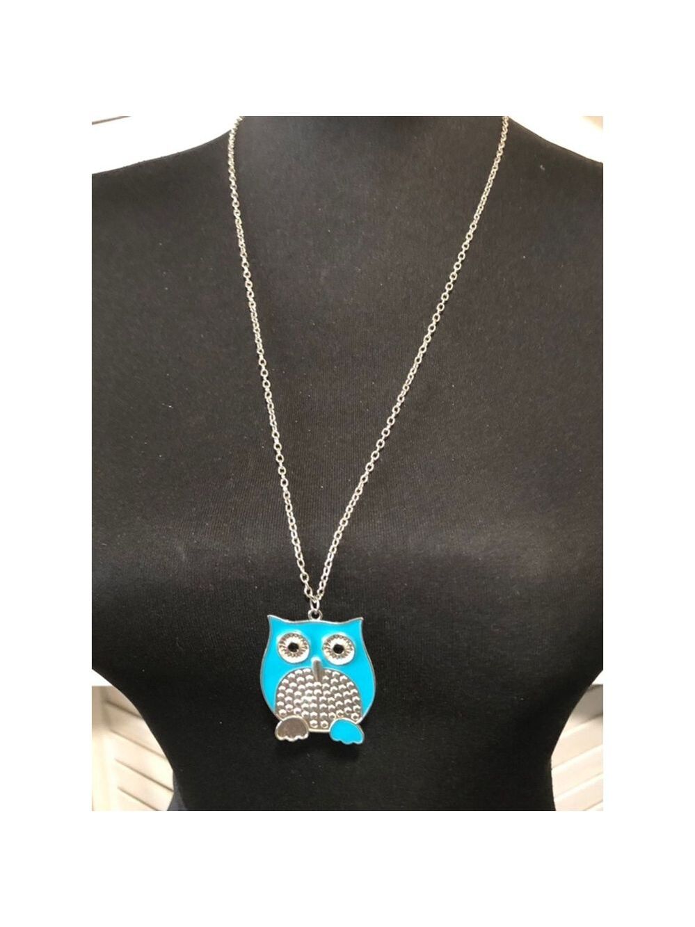 Girls Owl Pendant Necklace Blue Enamel Silver Metal Chain